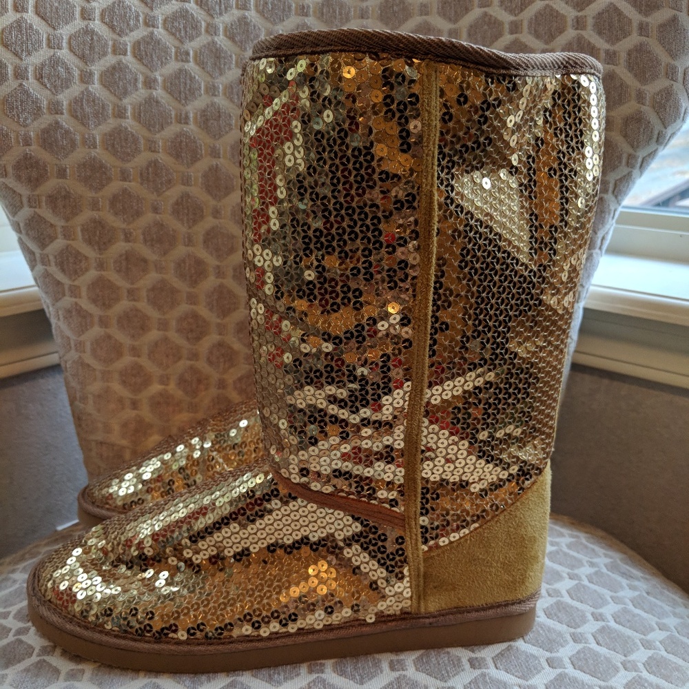 Gold Sequin Comfy Fur-Lined Slipper Boots
